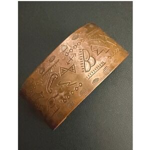 Vintage Solid Copper Cuff Bracelet Etched Southwestern Petroglyph Wide